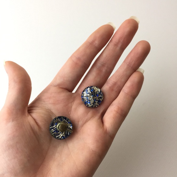 Vintage Confetti Lucite Blue & Silver Earrings - Picture 5 of 7